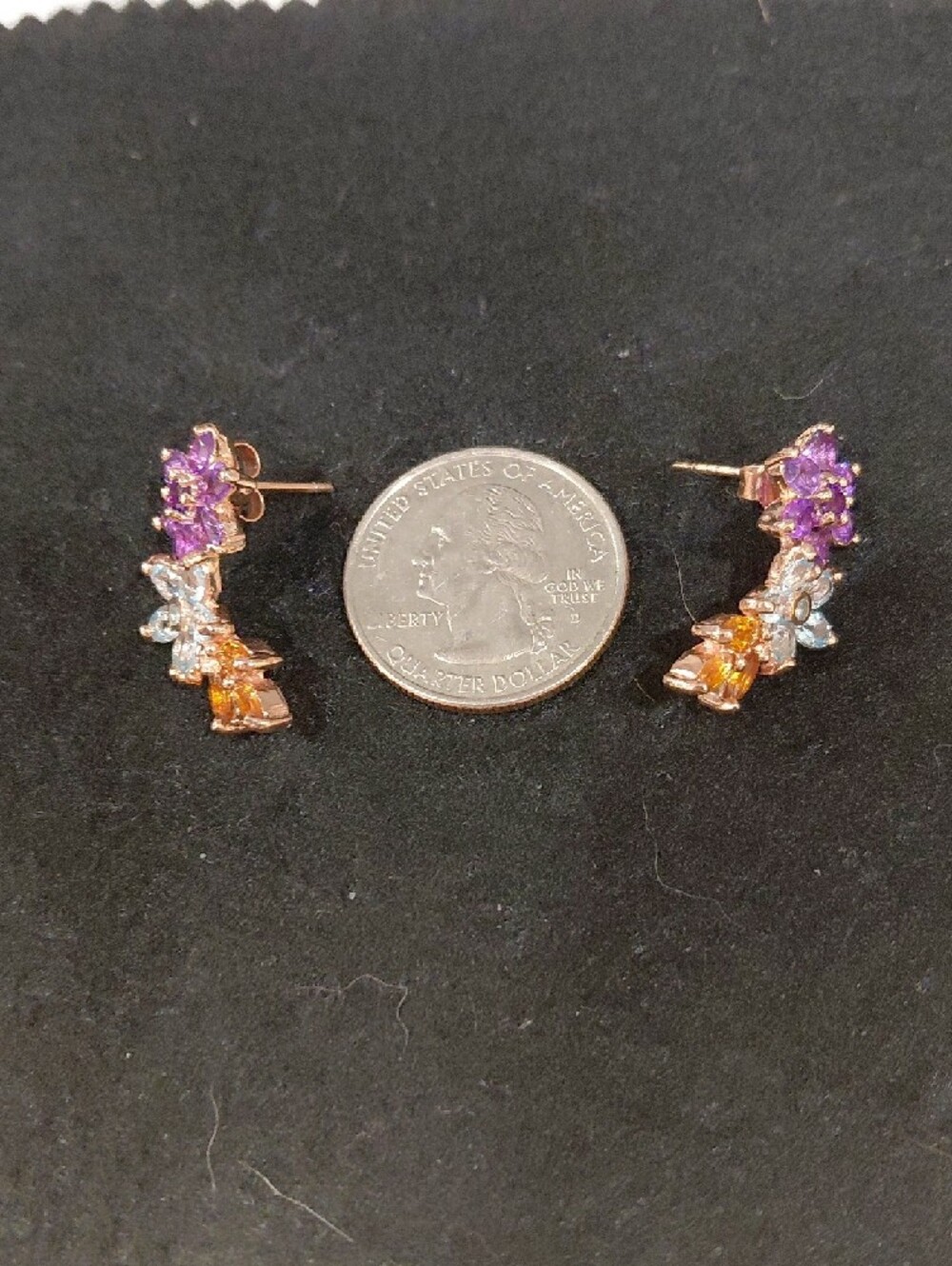 Floral Multi-Gem Cluster Climbing Post Earrings -Amethyst, Blue Topaz & Citrine. - Picture 6 of 6